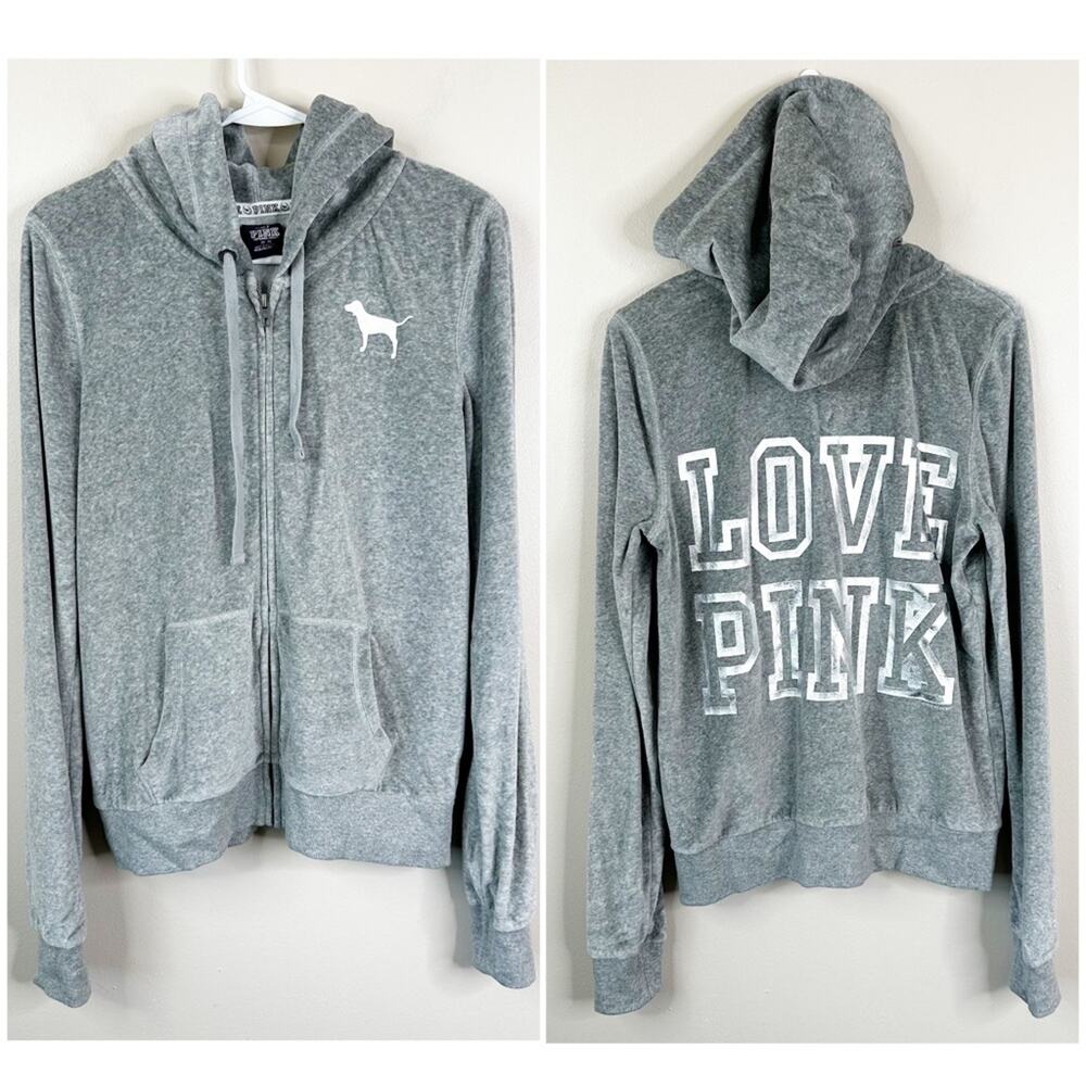 NEW LOVE PINK Y2K 2010 Victoria's Secret Grey Velour Zip Up Jacket Womens M